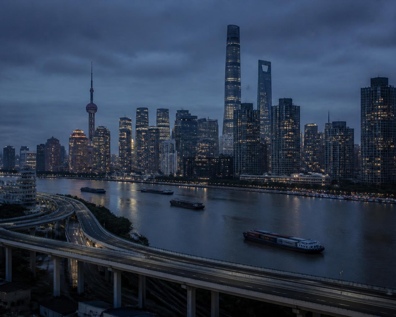 Pudong, Shanghai: skyline sobre o rio Huangpu, vias elevadas e logística fluvial