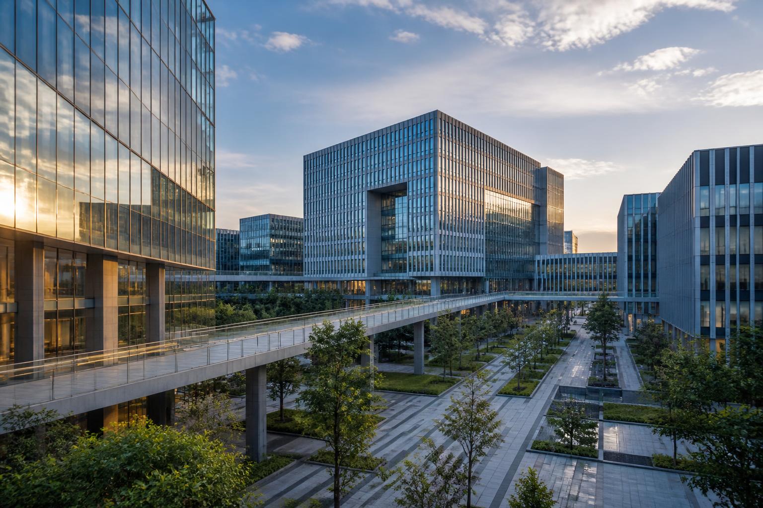 Distrito de inovação contemporâneo em Songjiang, Shanghai: arquitetura institucional em vidro e concreto